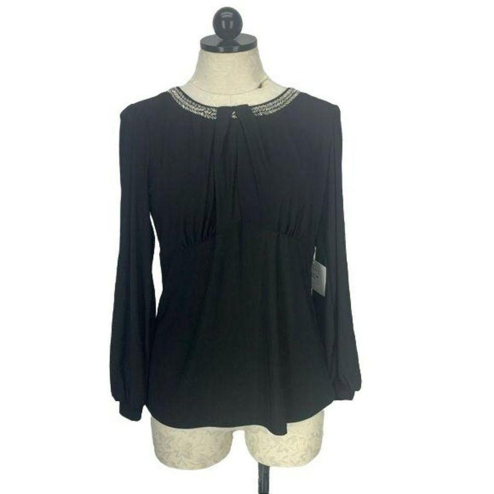 Perseption Concept Woman's Black Long Sleeve Jeweled Blouse Size Small